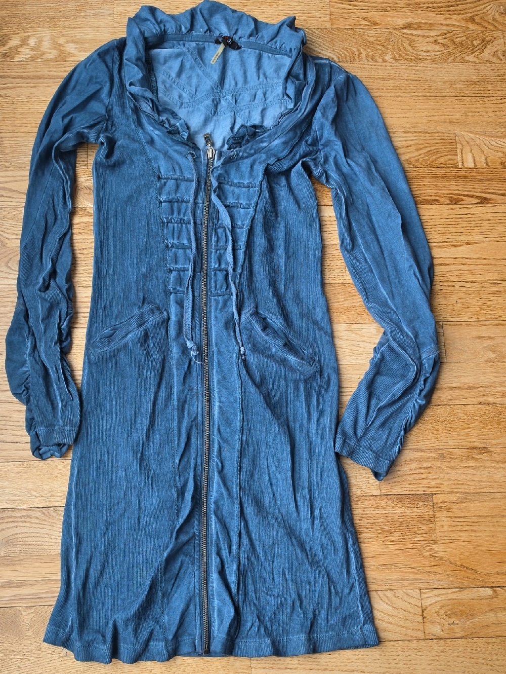 (S) Yest Blue Long Zip-Up Ruffle Light Zipperes Long Cardigan Comfy Soft Ruched